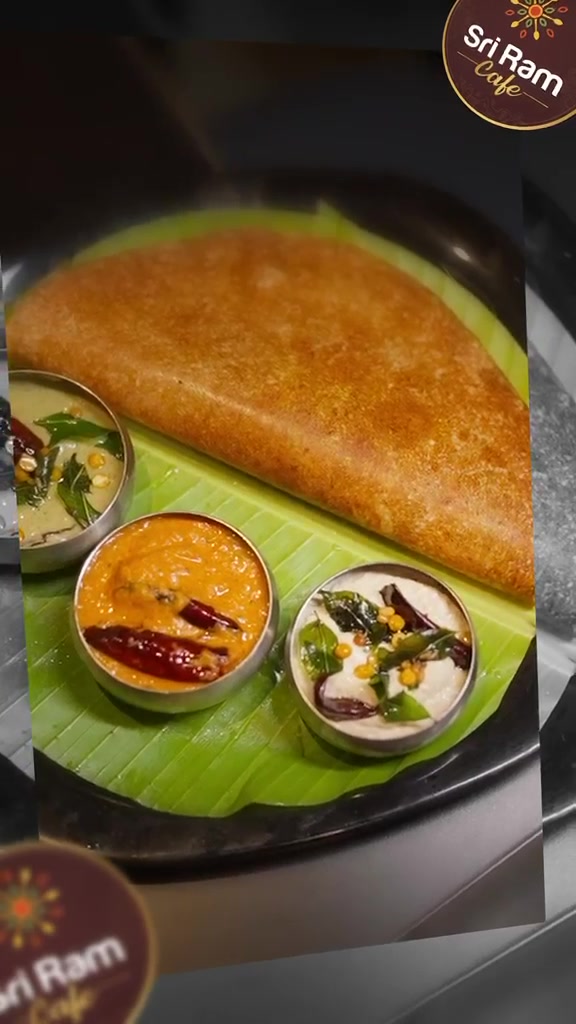 Masala dosa with chutneys and sambar on a banana leaf at Sri Ram Cafe, Koramangala