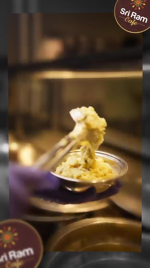 Potato palya being scooped for a masala dosa in the Sri Ram Cafe kitchen, Koramangala